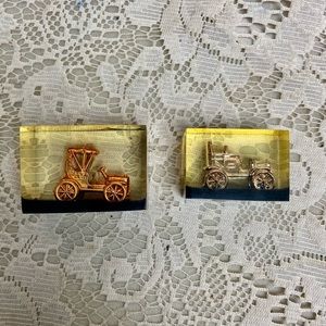 Lot of 2-1950s Vintage, Rare, Acrylic Lucite Gold Antique Cars Paperweight  (F07
